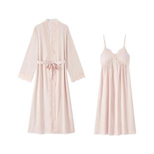 冰丝睡裙女带胸垫冬季吊带长款蕾丝性感睡衣秋纯欲风睡袍浴袍丝绸