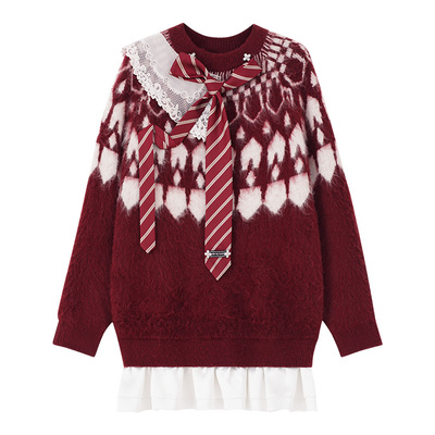 【年货狂欢季】4MILE BY KSMILE 北欧费尔岛红色氛围感毛衣裙