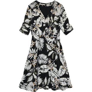 杰西卡热带风情印花复古飘逸修身V领连衣裙女