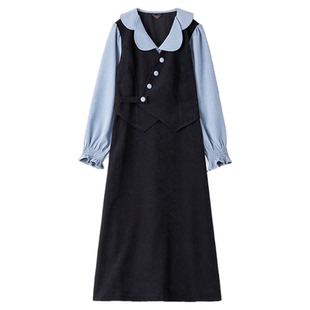 绮娑新款冬季法式复古收腰A字长裙假两件磨毛大码显瘦胖MM连衣裙