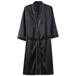 猫人黑色男士睡衣睡袍春夏冰丝薄款丝绸七分袖长款浴袍家居服