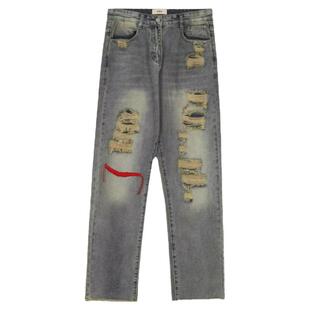 美式复古刺绣水洗泛黄假破洞牛仔裤2024年夏季高街风直筒裤子男女