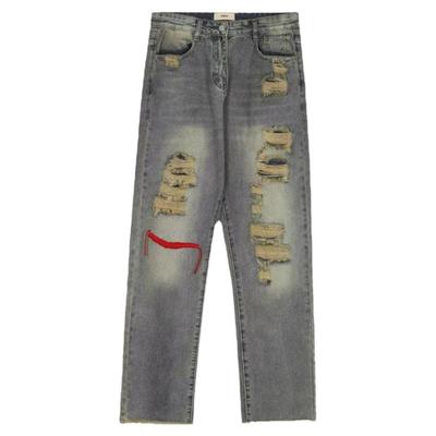 2022夏季复古刺绣假破洞牛仔裤女