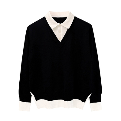 假两件针织衫翻领拼接毛衣休闲