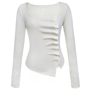 【现货】易碎商店·韩系风淡黄色修身打底衫设计感收腰抽褶上衣