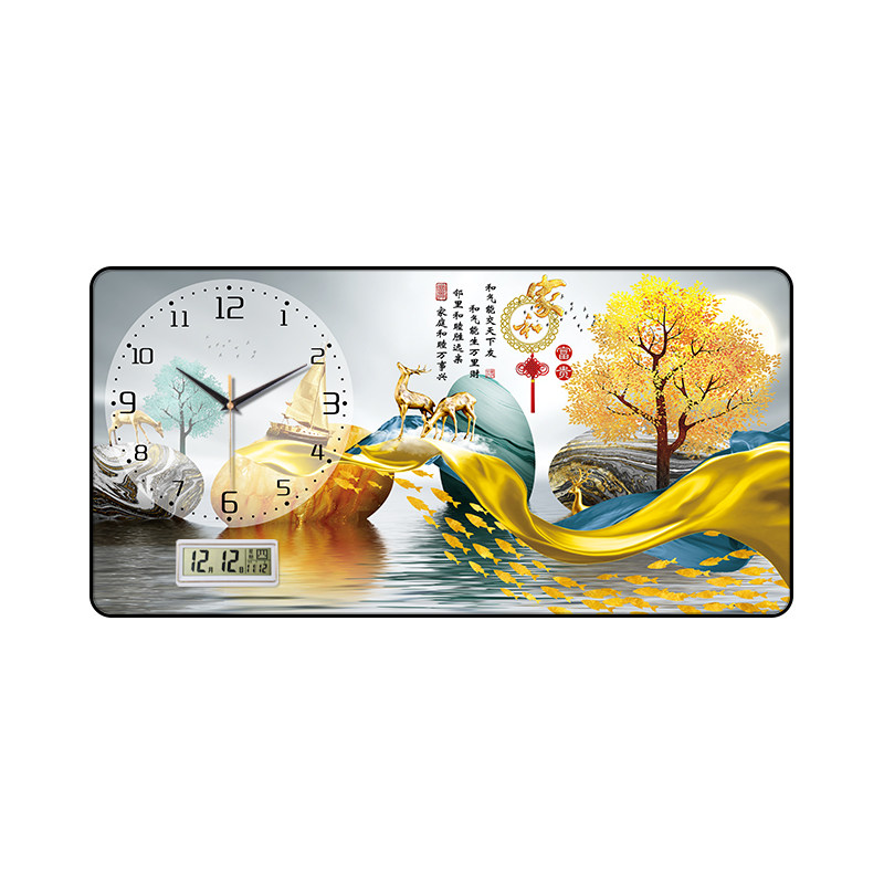 福鹿平安客厅背景墙装饰画挂钟