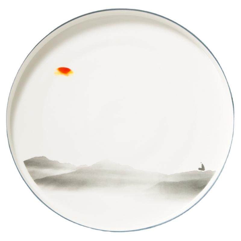 中式圆形12英寸意境摆盘国风山水装饰盘陶瓷平盘餐厅酒店餐厅餐具