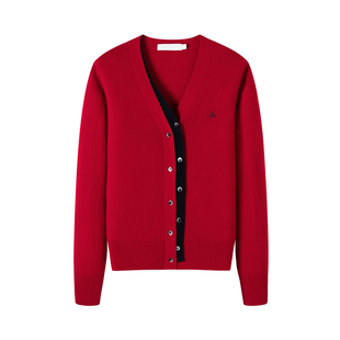 [纯羊毛]Navigare意大利小帆船红色设计感毛衣女V领针织开衫外套