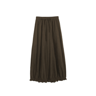 春装棕色花边阔腿工装裤女款花苞裤大码胖mm九分休闲气球梧桐裤子