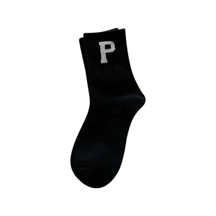 字母P黑色袜子女中筒春秋棉袜ins潮韩版情侣日系百搭运动冬款长袜