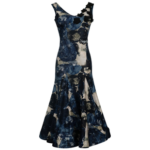 语歌菲摩登舞裙表演连衣裙V领印花无袖女童高级交谊舞华尔兹舞裙