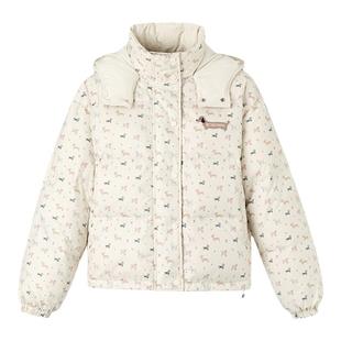 BETWEENAND 米色可爱腊肠狗立领宽松保暖90白鸭绒两面穿羽绒服女