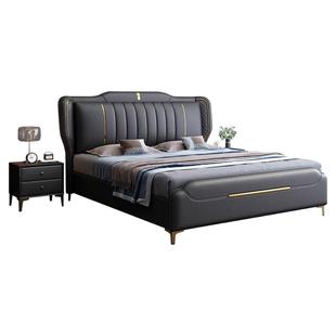 意式轻奢真皮床现代简约软包实木床1.8m双人床主卧大床婚床储物床