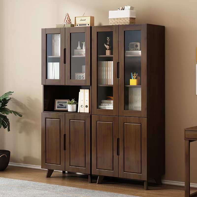 收纳柜简约现代文件柜展示柜玻璃门办公室书架实木落地书柜橡胶木