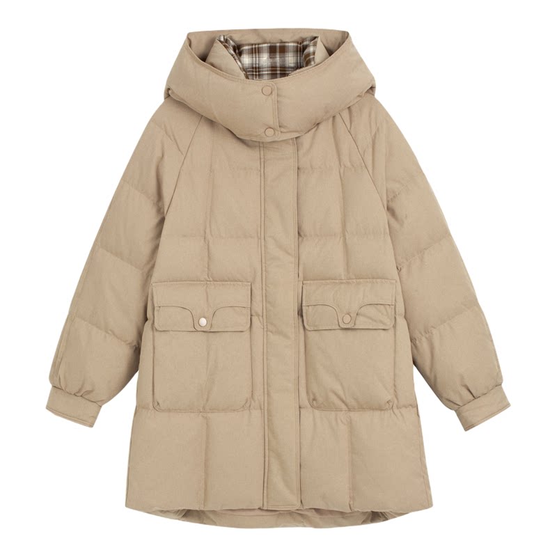 天谜羽绒服复古格纹连帽外套