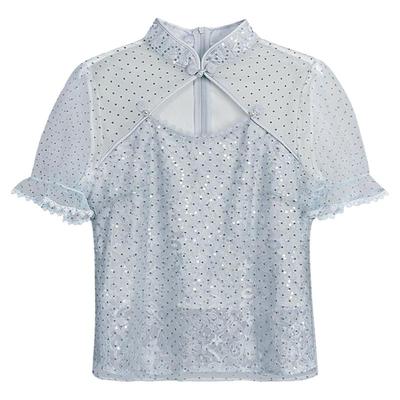 固执中式少女感短袖浅蓝蕾丝衫女