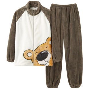 【轩尼小熊联名】七色纺睡衣男士秋冬款珊瑚绒加厚保暖家居服套装