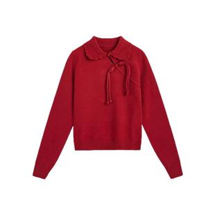 紫涵新中式翻领斜襟盘扣针织衫毛衣女冬季新款国风红色打底衫上衣