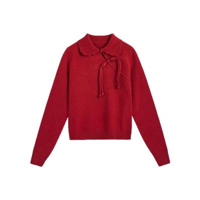 紫涵新中式翻领斜襟盘扣针织衫毛衣女冬季新款国风红色打底衫上衣