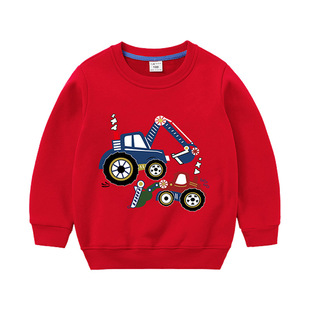 男童秋冬纯棉加绒红色卫衣2026新款挖掘机衣服儿童打底衫薄绒童装