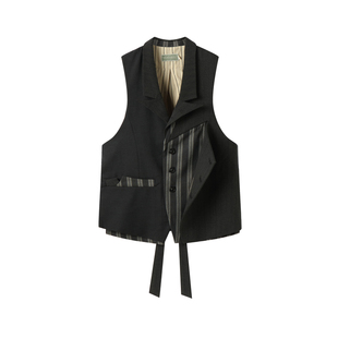 半片花瓣「咏叹」格条纹拼接双层翻页腰带马甲 复古撞色多形态