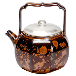 窑变栗棕描银苏子八方提梁壶陶瓷单壶茶壶带过滤泡茶冲茶器