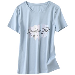 SKYINTL显白显气质丝光棉字母印花短袖T恤女夏薄款修身短款上衣女