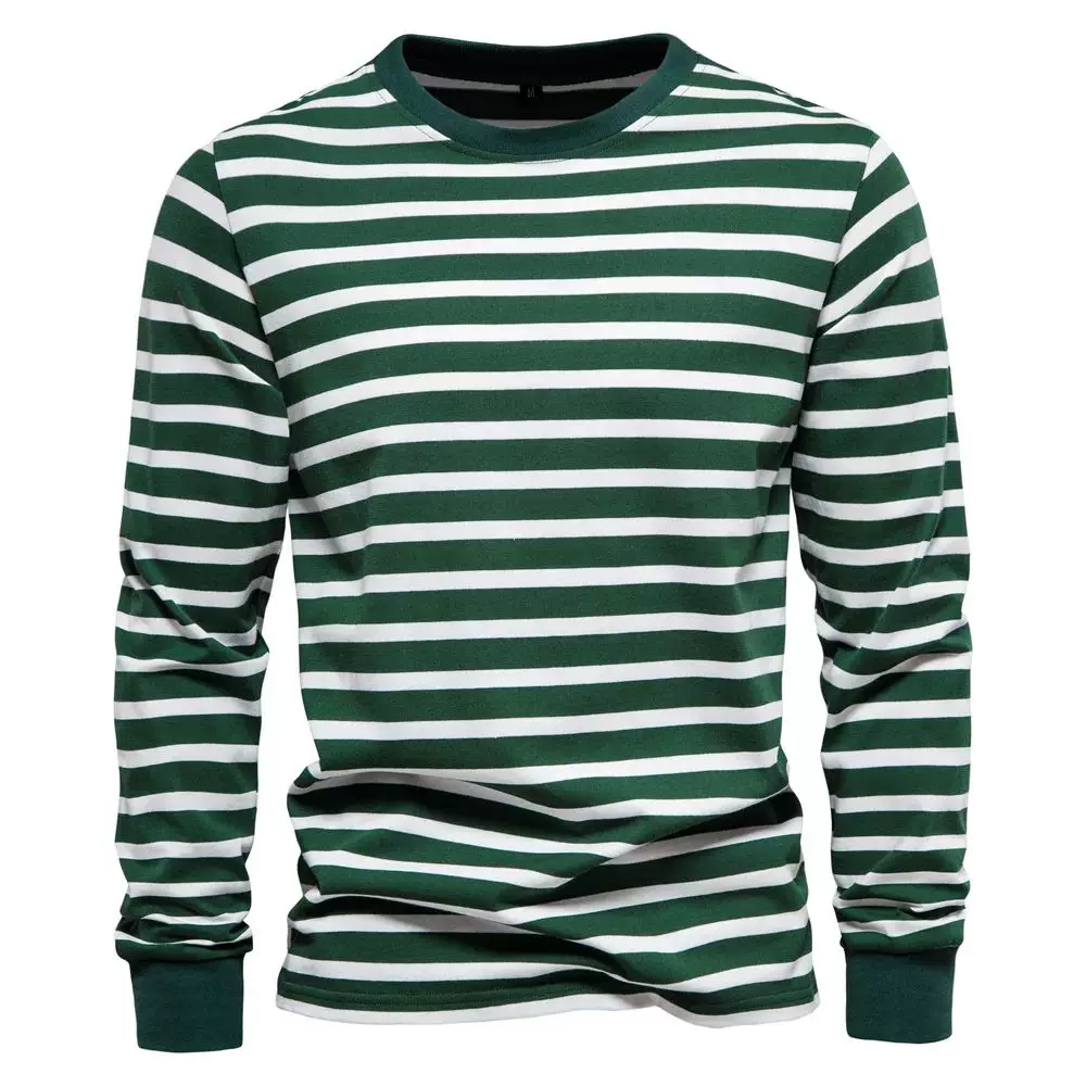 [AIOPESON % Cotton Long Sleeve T shirts Men Contrast Striped]