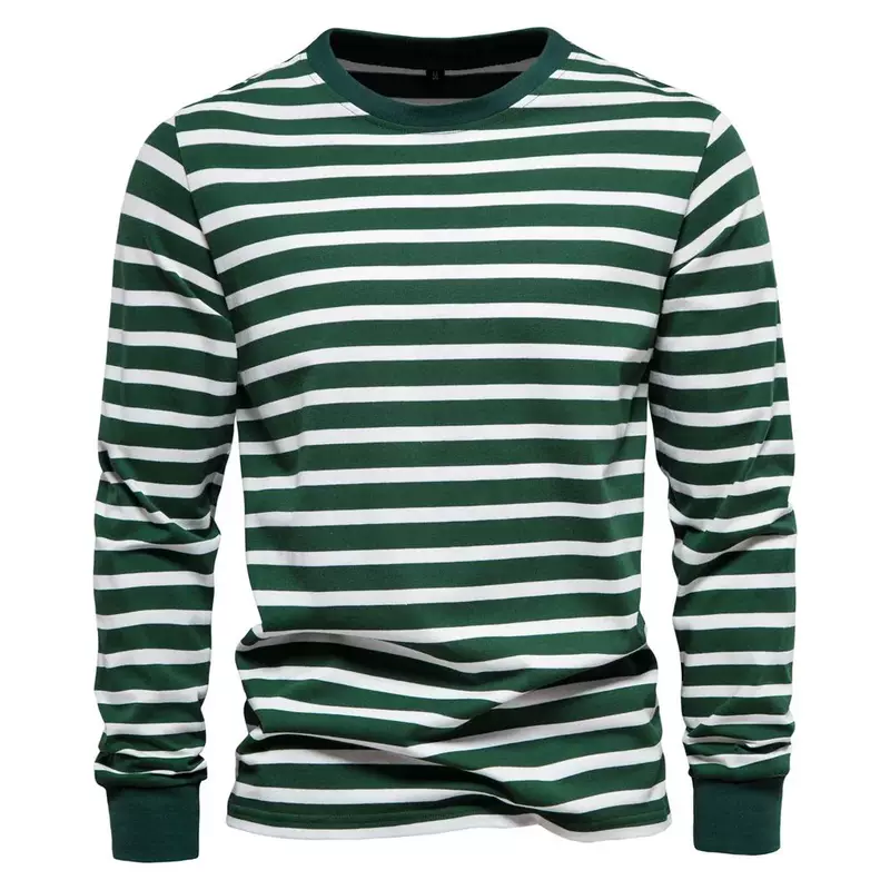 [AIOPESON % Cotton Long Sleeve T shirts Men Contrast Striped]