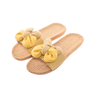 新款夏季棉麻亚麻凉席简约蝴蝶结女式防臭韩版办公室家居地板拖鞋
