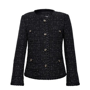 Girdear/哥弟小香风外套【含绵羊毛】粗花呢圆领黑金气质1400042