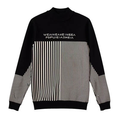 秋冬半高领毛衣男修身条纹针织衫