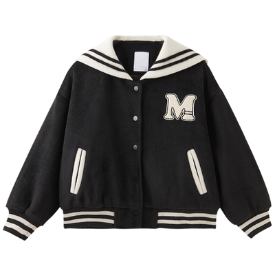 学院风字母刺绣夹棉毛呢外套