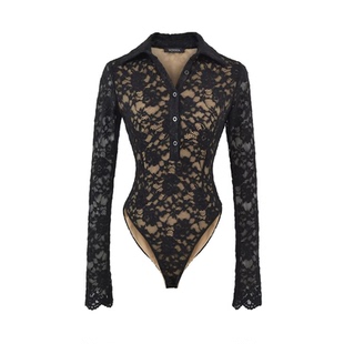 辣妹风衬衫领浮雕蕾丝连体衣女春秋季修身性感打底衫内搭连裆上衣