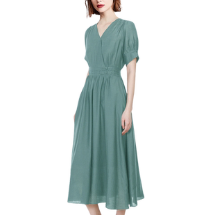 法式冷淡系高级感连衣裙青绿色女夏中长款2026年新款收腰A字裙子