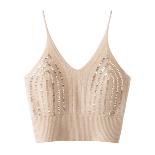 手工缝制亮片~100%纯山羊绒吊带深V短款背心皮草搭档显瘦百搭女士