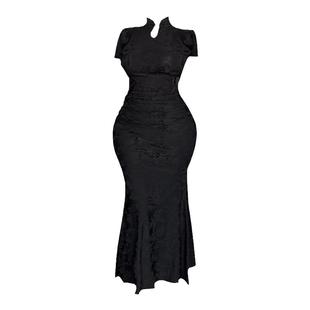 新中式胖妹妹重工提花旗袍胖美眉禅意风带袖连衣裙遮肚藏肉裙子女