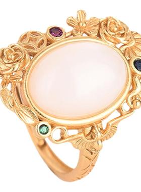 旗袍宫廷汉服手饰品网红中国风复古镶嵌指环半宝石合成和田玉戒指