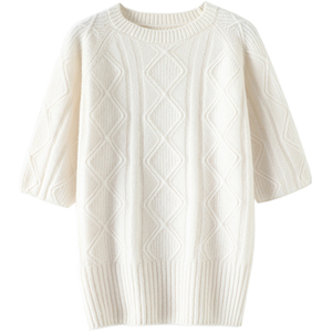 白富美的迷人~加厚纯山羊绒衫短袖女绞花圆领羊绒毛衣女T恤秋冬