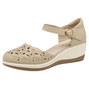 包头凉鞋全牛皮2026夏天新款坡跟圆头镂空妈妈鞋真皮手工软底女鞋