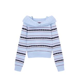 ablueberry蓝色一字肩毛衣女26春蝴蝶结条纹针织衫设计感韩系上衣