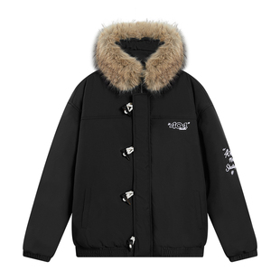 404MOB大毛领牛角扣连帽空军夹克棉衣厚外套冬季男女刺绣棉服2025