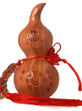 桃木葫芦摆件正宗桃木雕刻八卦实木大葫芦五帝钱门口卧室客厅摆设