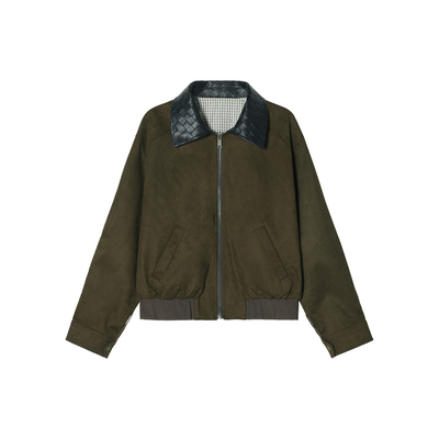 【双面穿】Unvesno(UN)老钱风廓形编织领拼接麂皮绒格纹夹克