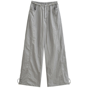 【包邮】复古褶皱抽绳工装裤女休闲百搭宽松直筒银灰色束脚长裤子