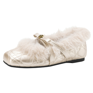 达芙妮山茶花单鞋女2026新款春季加绒玛丽珍毛毛鞋平底方头小皮鞋