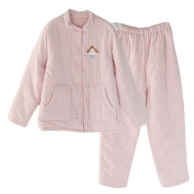 富朵秋冬棉袄睡衣女纯棉三层夹棉长袖长裤保暖加厚格子家居服套装