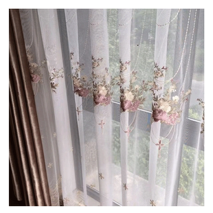 法式浪漫吊篮绣花纱帘白纱半遮光客厅阳台窗纱窗帘挂钩打孔新款