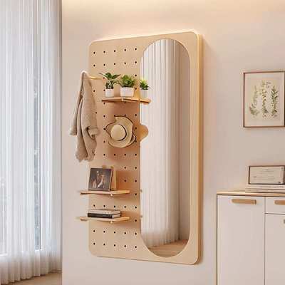 洞洞板全身镜子家用实木挂墙穿衣镜入户玄关壁挂衣帽架一体落地镜