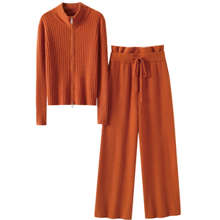 重工到心尖上！半高领100%纯山羊绒拉链开衫女纯羊绒裤子外穿套装